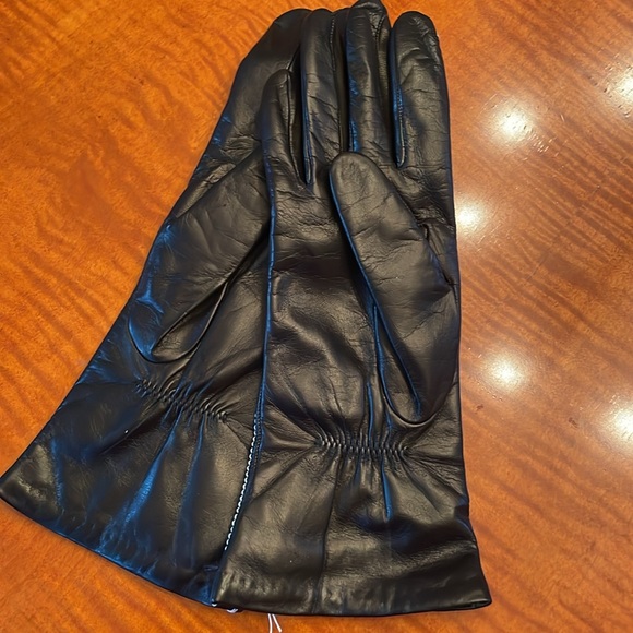 NWT Portolano glover leather black white stitches lining lambswool angora nylon - Picture 3 of 5